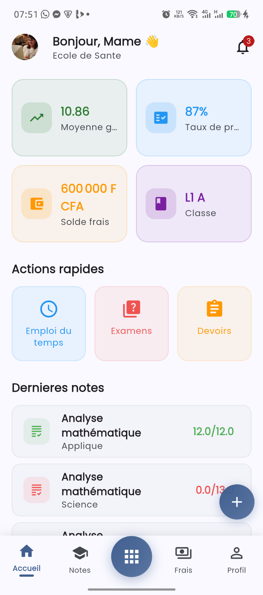 Tableau de bord mobile élève
